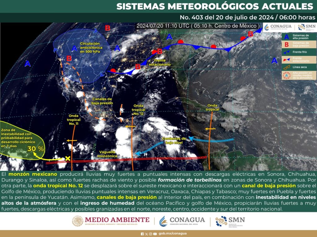 Pronostican lluvias puntuales intensas en Sonora, Veracruz, Oaxaca, Chiapas y Tabasco