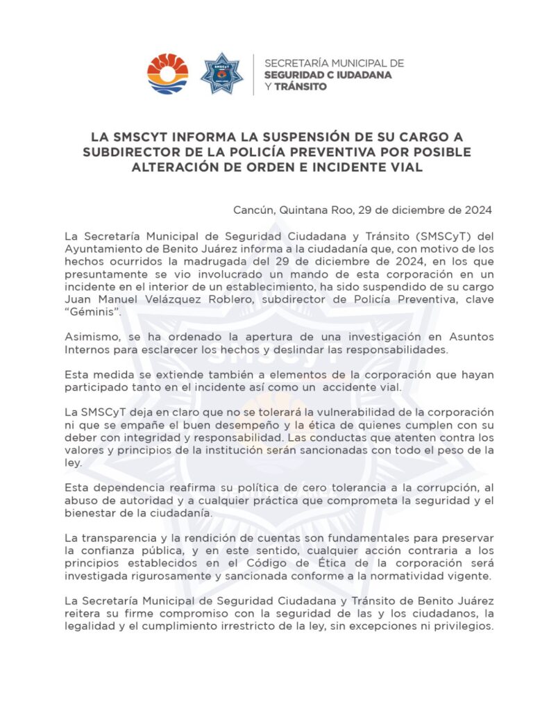 Suspenden a Subdirector de Policía Preventiva en Cancún por presunta alteración del orden e incidente vial