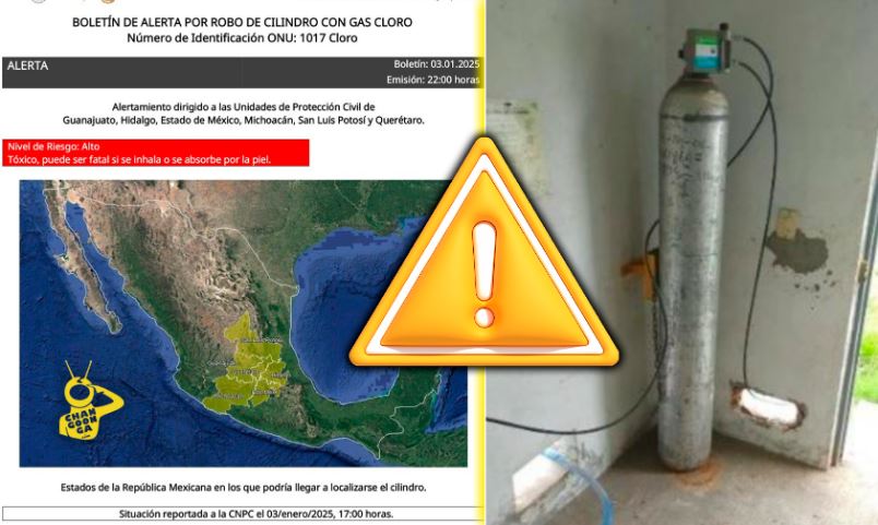 Emiten alerta a seis estados de México por robo de cilindro con gas cloro en Querétaro