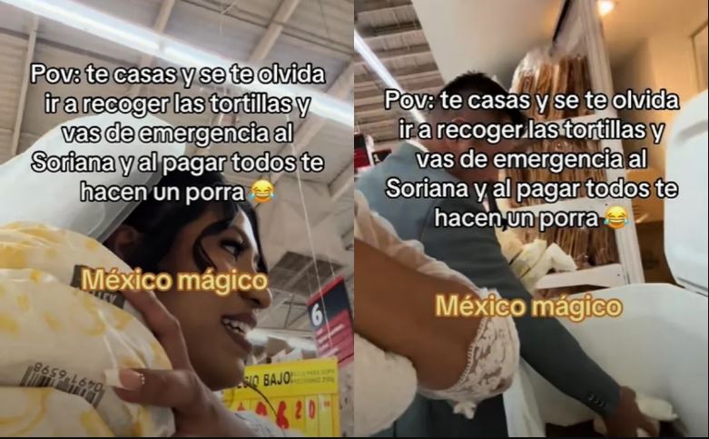 Pareja en ropa de novios va al supermercado por tortillas tras olvidarlas para su boda