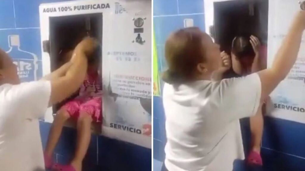 Mujer baña a niña en despachador de agua por escasez y se vuelve viral