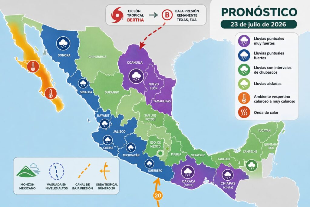 El avance de la onda tropical número 20 sobre el sureste y sur del país, generará lluvias fuertes