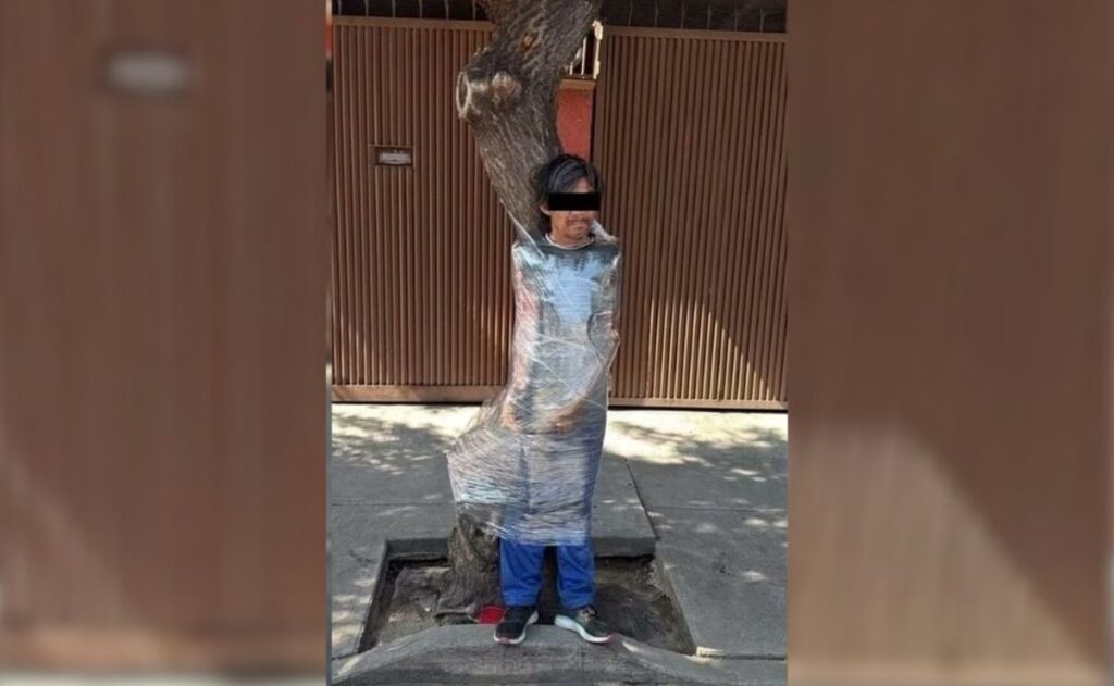 Envuelto para regalo: Vecinos emplayan a presunto ladrón de bicicleta contra un árbol en la CDMX